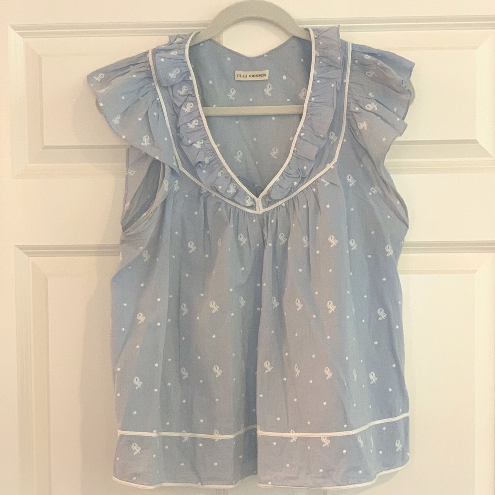 Ulla Johnson Blue Embroidered Ruffle Blouse Size 6